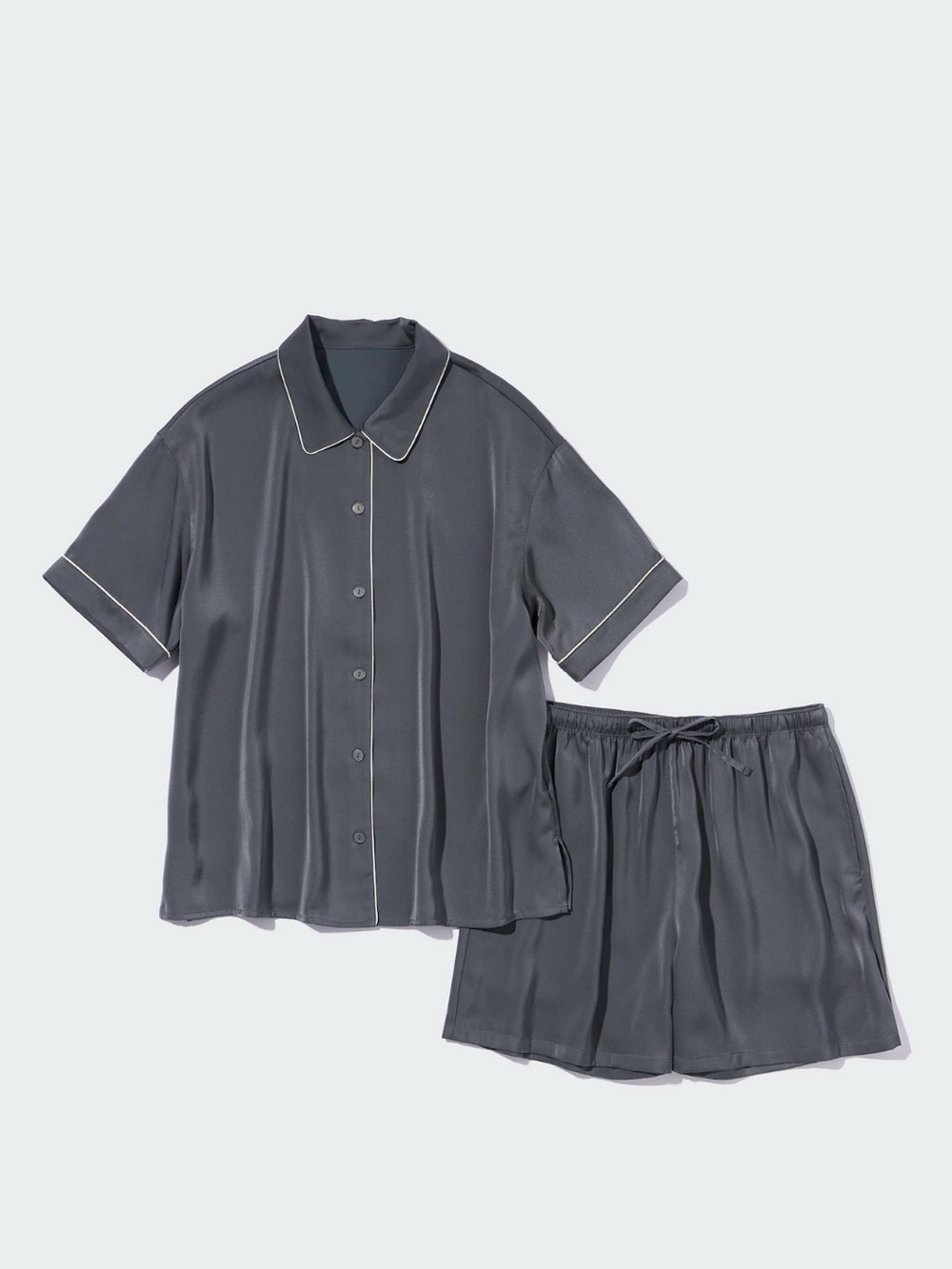 Uniqlo Charcoal Short-Sleeve Satin Pajama Set with Contrast Piping